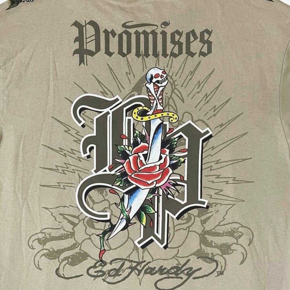 Ed Hardy x Broken Promises Love Scars Beige T-Shirt Size XL Cyber Y2K Tattoocore - Picture 10 of 13
